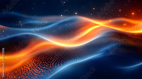 Abstract waves of orange and blue light creating a dynamic, digital atmosphere.