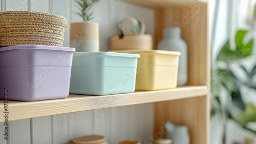 Neatly arranged pastel-colored storage boxes on a wooden shelf.