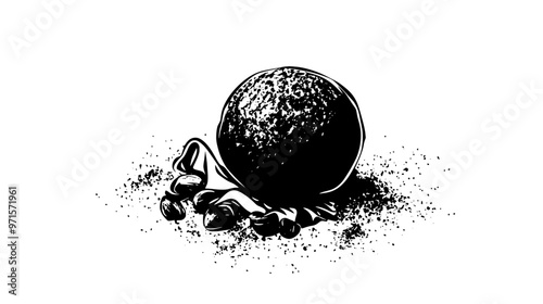 Single filled truffle on a decorative cloth, with scattered cocoa powder, vector illustration art