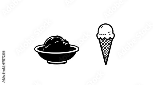 Single ice cream scoop in a small dish next to an empty cone on a countertop, vector illustration art