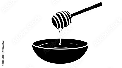 A small dish with honey drizzling from a honey dipper, placed on a plain surface, vector illustration art