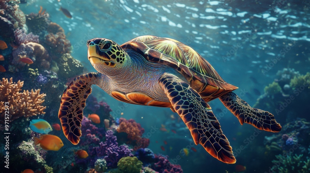 Sea Turtle Swimming Through Coral Reef Sea Turtle Swimming Through Coral Reef