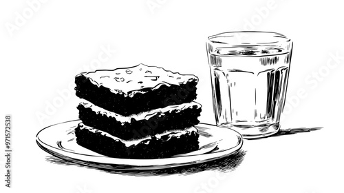 Stack of keto brownies on a plate beside a glass of water on a dining table, vector illustration art