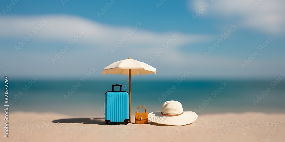 Obraz premium Sunny Beach Vacation Concept with Yellow Suitcase and Stylish Sun Hat on Sandy Shore