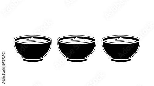 Three panna cotta cups aligned in a straight line, centered, vector illustration art