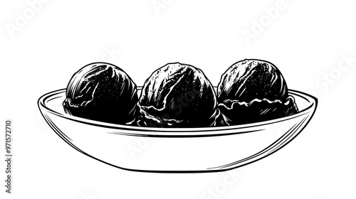 Three scoops of gelato arranged in a neat line in a narrow dish on a clean surface, vector illustration art