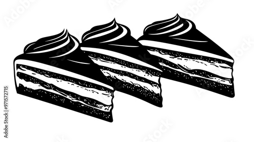 Three tiramisu slices in a triangular formation, no background details, vector illustration art