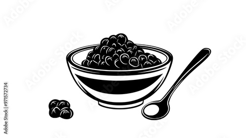 A transparent bowl with fruit compote, placed on a kitchen counter beside a spoon, vector illustration art