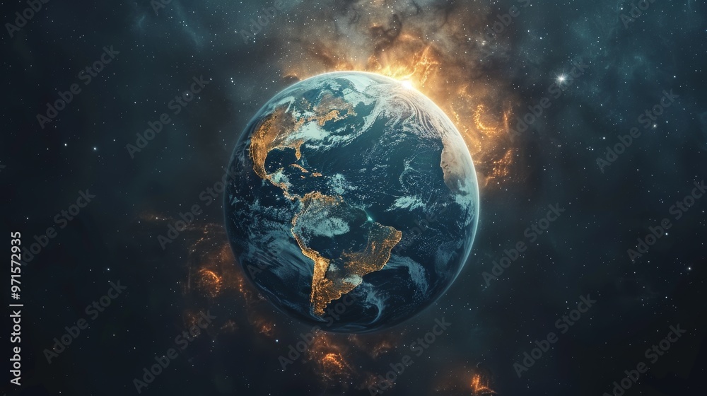 Close up View of a Planet Orbiting in a Fiery Space Environment Close up View of a Planet Orbiting in a Fiery Space Environment