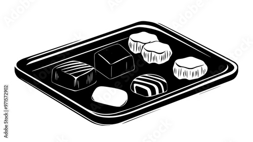 Tray with an assortment of candies, including chocolate and sugar-coated pieces, vector illustration art