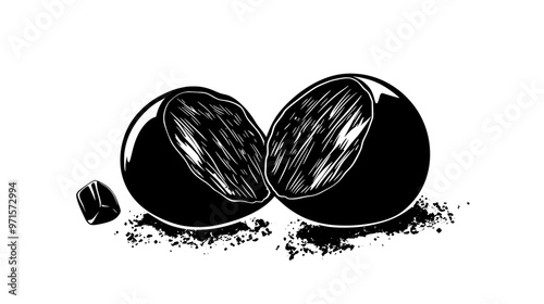 Truffle cut in half, revealing creamy center with cocoa around it, vector illustration art
