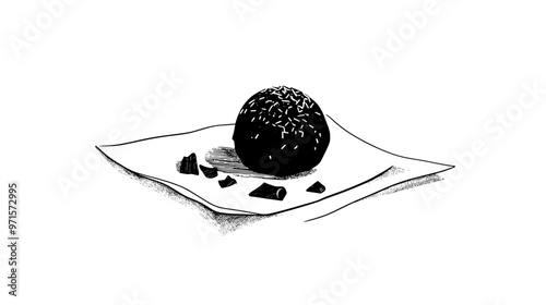 Truffle on a white napkin, surrounded by chocolate shavings for decoration, vector illustration art