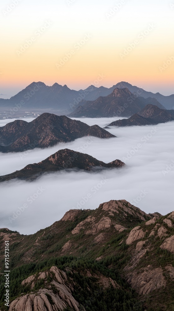 Fototapeta premium The sun sets behind clouds in Shandong, illuminating mountains and a foggy sea beneath. A solitary pine tree frames the scene, enhancing the tranquil beauty of the landscape