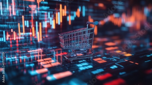 Shopping Cart on Digital Screen with Stock Market Data