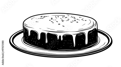 Whole sponge cake resting on a clean, flat serving plate, vector illustration art