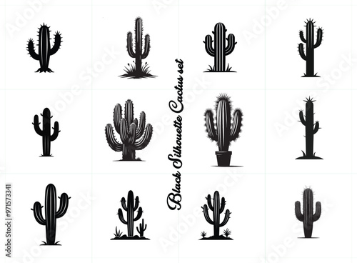 A striking black silhouette of a desert cactus, depicted in vector format with clean lines and sharp details, set against a pure white background for a strong visual impact.