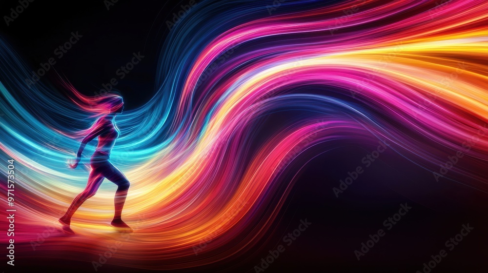 Positivity in Motion: A human figure in motion with vibrant, swirling energy trails following their movements, symbolizing the constant flow of positive energy in their life Positivity in Motion: A human figure in motion with vibrant, swirling energy trails following their movements, symbolizing the constant flow of positive energy in their life
