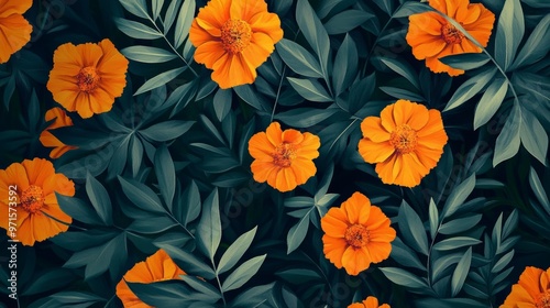 Wallpaper Mural Floral pattern with orange marigolds and deep green leaves generative ai Torontodigital.ca