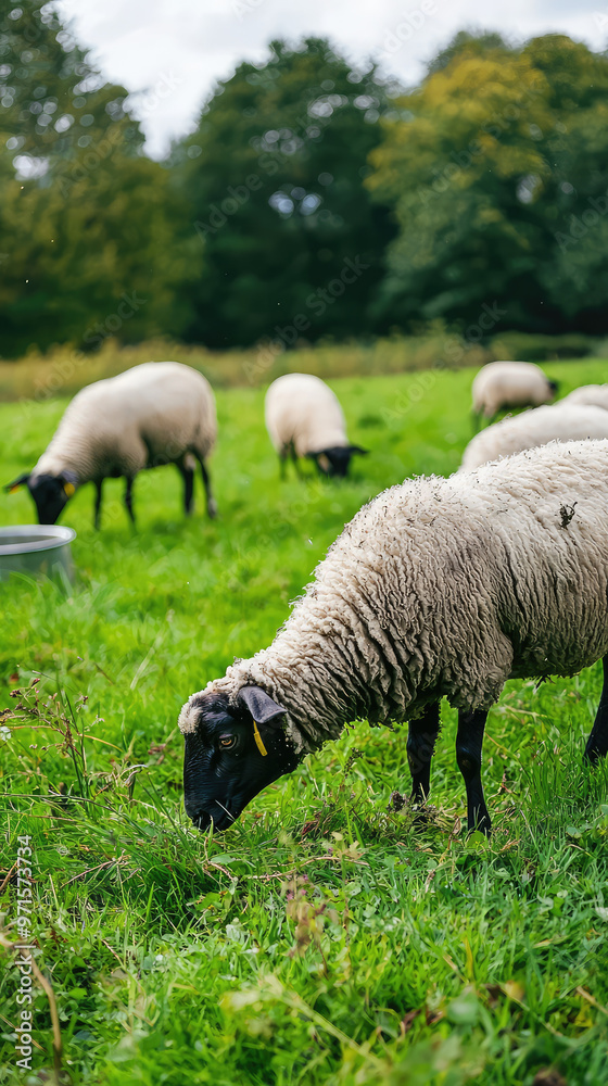 Grazing sheep on lush green pasture, enjoying serene landscape Grazing sheep on lush green pasture, enjoying serene landscape