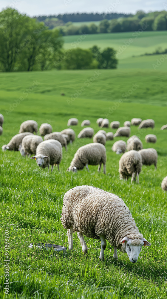 Obraz premium Grazing sheep on lush green pasture create serene rural scene