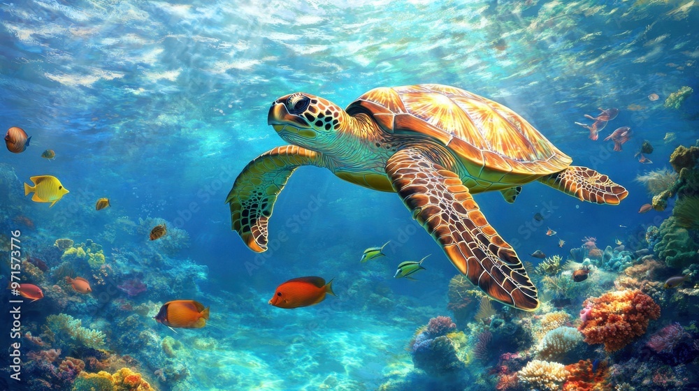Fototapeta premium Sea Turtle Swimming in Coral Reef