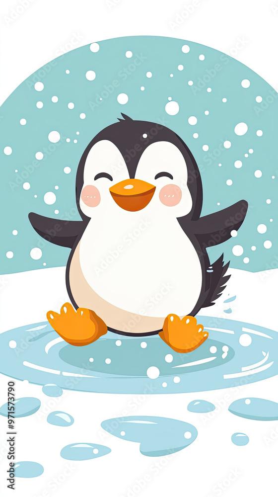Obraz premium Cheerful penguin sliding on ice, enjoying snowy day with joy
