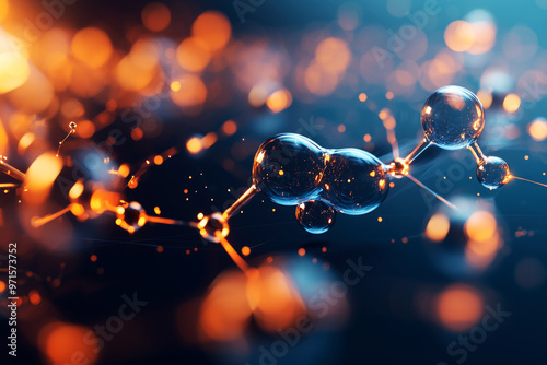 Polymerization reaction forming long chains of molecules, glowing bonds, Reaction polymerization, chemical synthesis photo
