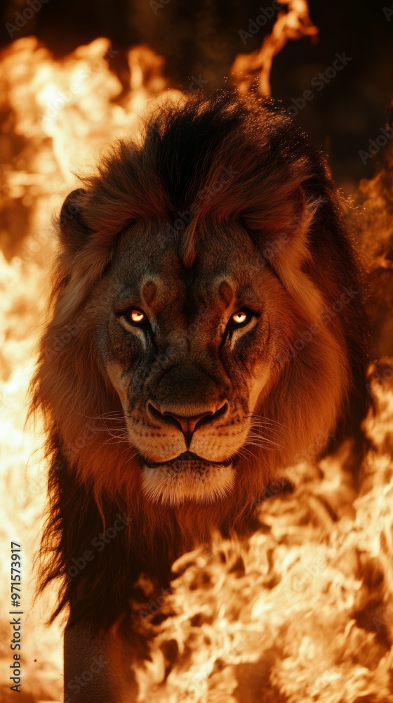 Naklejka premium Powerful lion emerging from burning fire