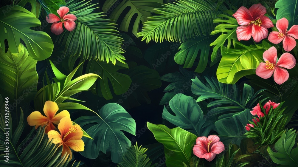 Tropical Jungle Foliage and Flowers Background Tropical Jungle Foliage and Flowers Background