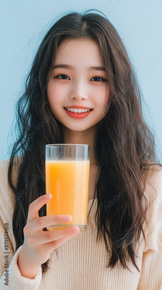 Portrait of beautiful Asian girl holding a glass of fresh orange juice while standing and smiling looking at camera on light blue background Portrait of beautiful Asian girl holding a glass of fresh orange juice while standing and smiling looking at camera on light blue background