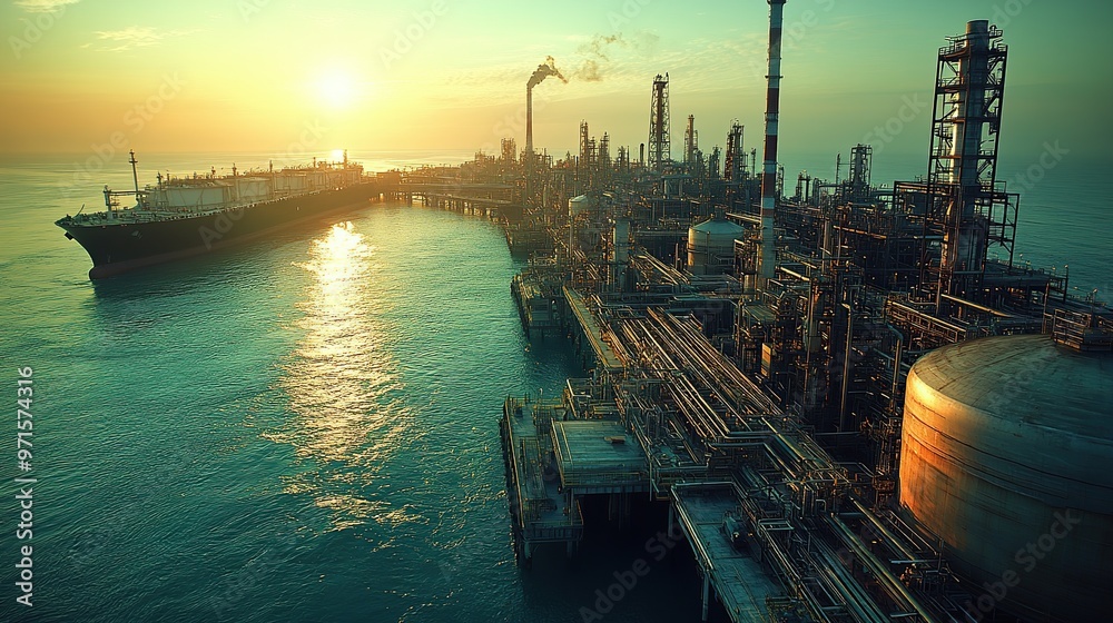 Aerial view of oil refinery on the seashore with tanks and pipelines Aerial view of oil refinery on the seashore with tanks and pipelines