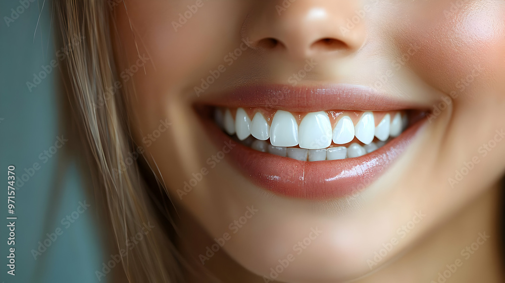 Obraz premium Close-up of a smiling woman showcasing bright, healthy teeth.