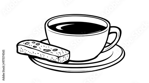 Biscotti piece partially dipped in a cup of coffee, placed on a saucer, vector illustration art