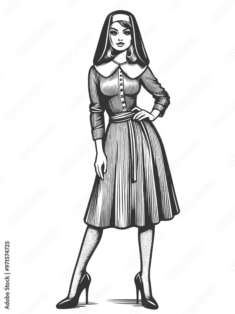 standing nun in full habit, blending classic religious imagery with a poised, modern stance sketch engraving generative ai vector illustration. Scratch board imitation. Black and white image. standing nun in full habit, blending classic religious imagery with a poised, modern stance sketch engraving generative ai vector illustration. Scratch board imitation. Black and white image.