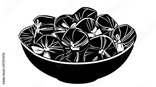 Bowl filled with individually wrapped butterscotch candies on a wooden table, vector illustration art