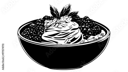 Bowl with creamy swirl topped with fruit and granola, vector illustration art