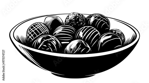 Bowl filled with mixed chocolate truffles, emphasizing range of fillings, vector illustration art