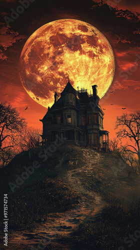 Haunted house under full moon creates spooky atmosphere