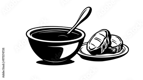 A bowl of caramel sauce with a spoon, set beside a plate of pastries, vector illustration art