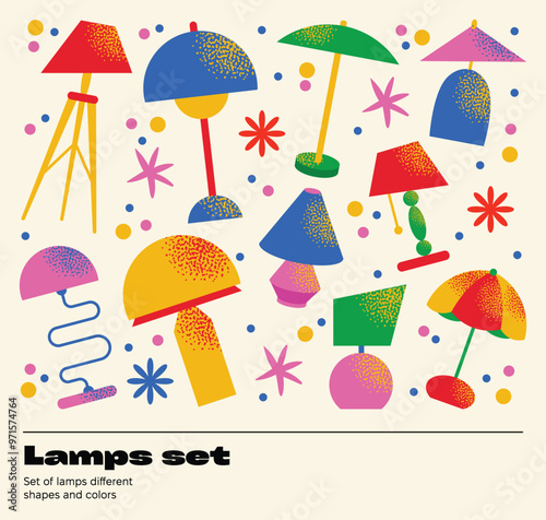 Set of lamps. Flat vector nightlights, floor lamp, and lamp for table. Different colourful interior light furniture for modern home decor. Illustration isolated on background