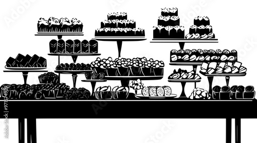 Candy bars arranged on a large table, ready for guests at a celebration, vector illustration art