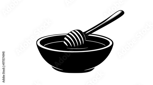 A ceramic bowl of honey with a shiny surface, sitting on a dining table, vector illustration art