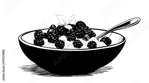 A ceramic dish filled with fruit compote, set on a wooden dining table, vector illustration art