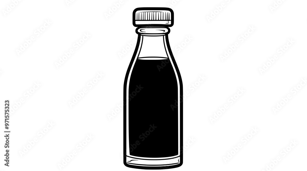 Clear glass bottle filled with dark sauce, capped with a metal lid, vector illustration art Clear glass bottle filled with dark sauce, capped with a metal lid, vector illustration art