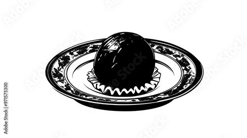 Classic chocolate truffle on a decorative plate, highlighting shape and texture, vector illustration art