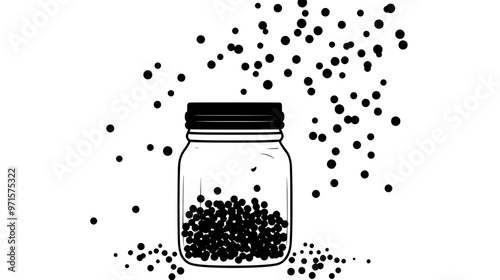 A clear jar of decorative sprinkles, with some scattered on a nearby surface, vector illustration art