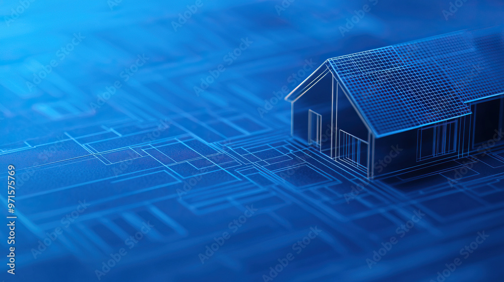 A futuristic architectural design featuring a digital blueprint of a house on a blue background, symbolizing innovation in construction. A futuristic architectural design featuring a digital blueprint of a house on a blue background, symbolizing innovation in construction.