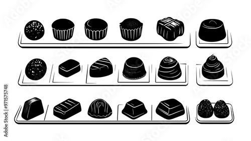 Handmade chocolates displayed on a tray with distinct shapes, vector illustration art