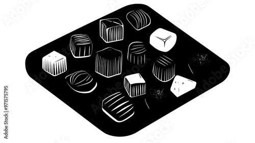 Container filled with gourmet gummy candies, each piece distributed evenly across the surface, vector illustration art