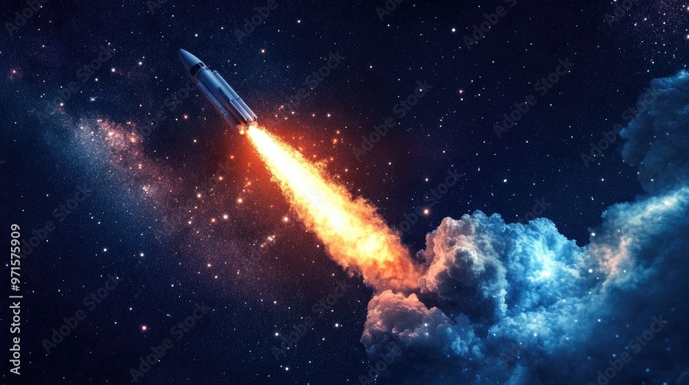 A powerful rocket blasts off into space, leaving a trail of fire and smoke against a starry backdrop. A powerful rocket blasts off into space, leaving a trail of fire and smoke against a starry backdrop.